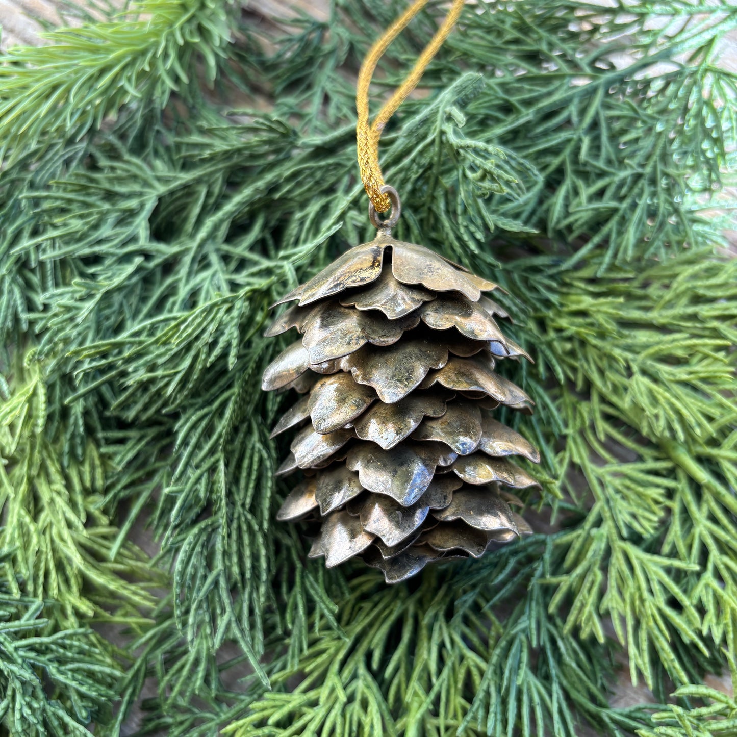 Distressed Gold Metal Pinecone Ornament