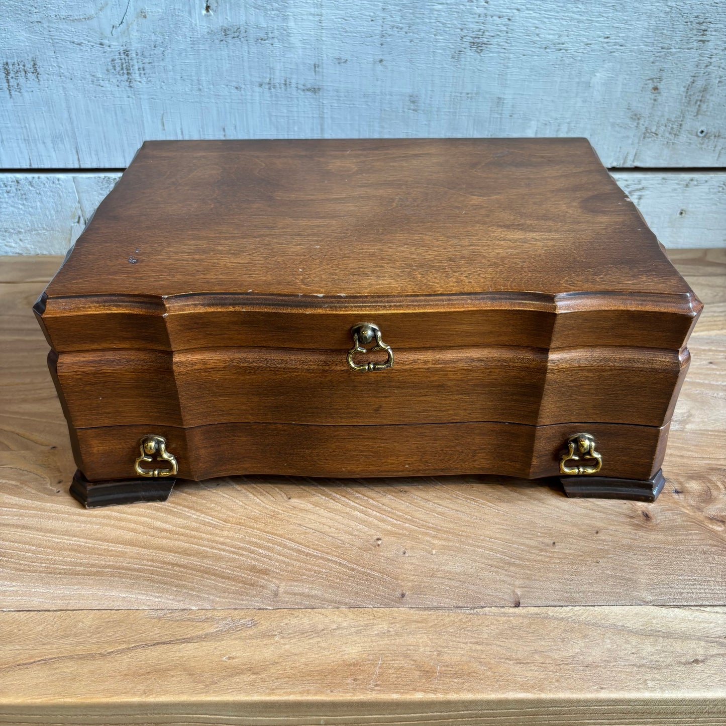 Vintage Dark Wood Jewelry Box w/ Brass Handles
