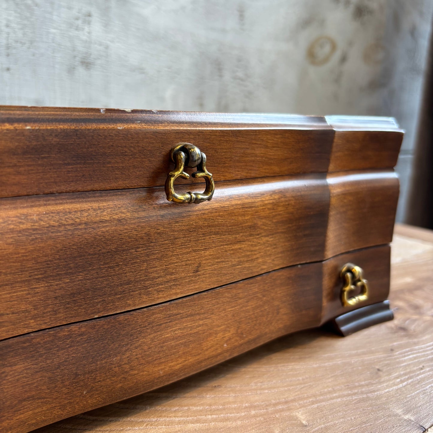 Vintage Dark Wood Jewelry Box w/ Brass Handles