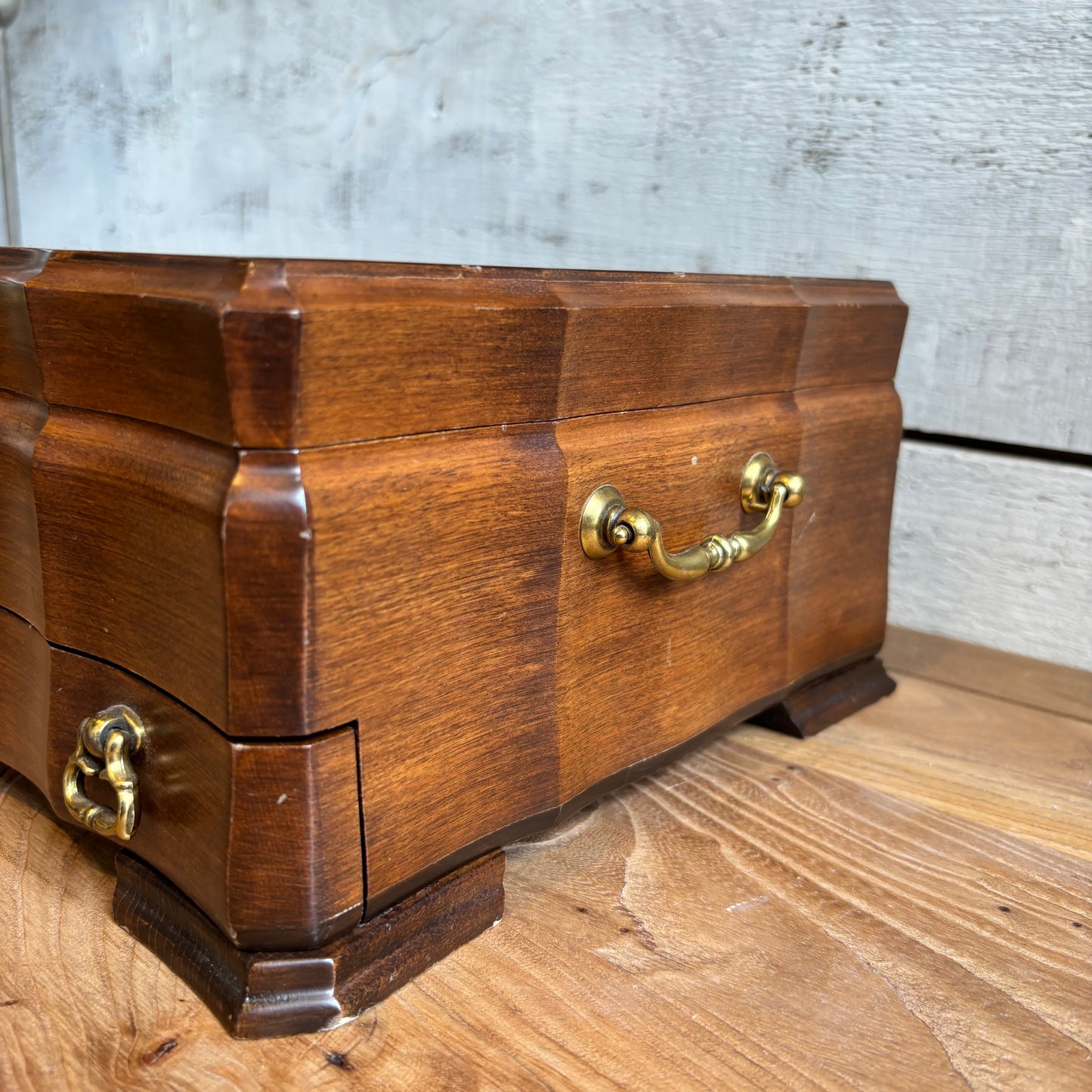 Vintage Dark Wood Jewelry Box w/ Brass Handles