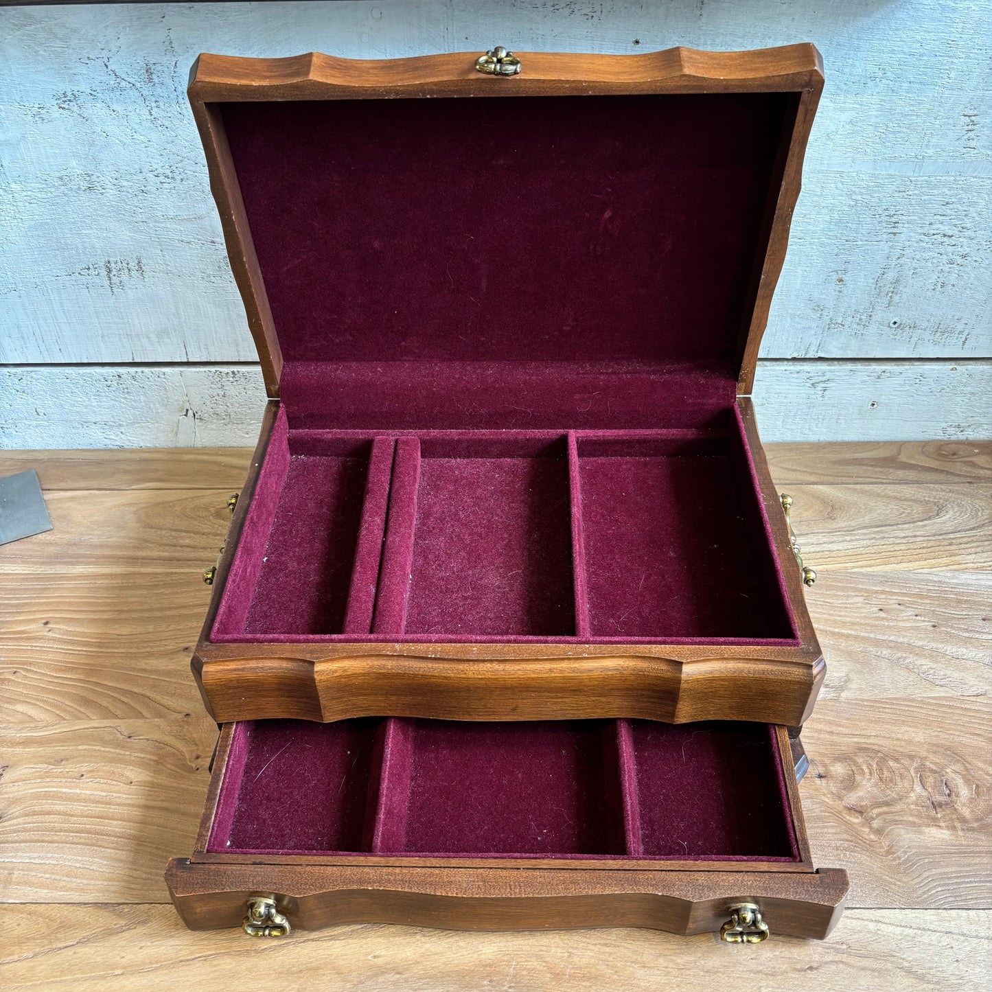 Vintage Dark Wood Jewelry Box w/ Brass Handles