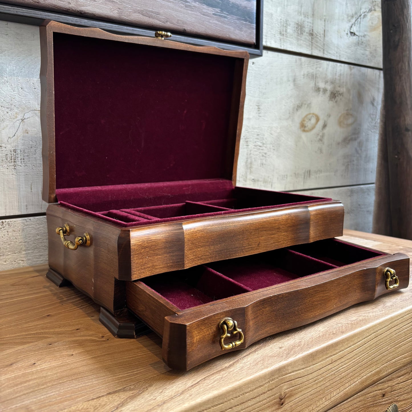 Vintage Dark Wood Jewelry Box w/ Brass Handles