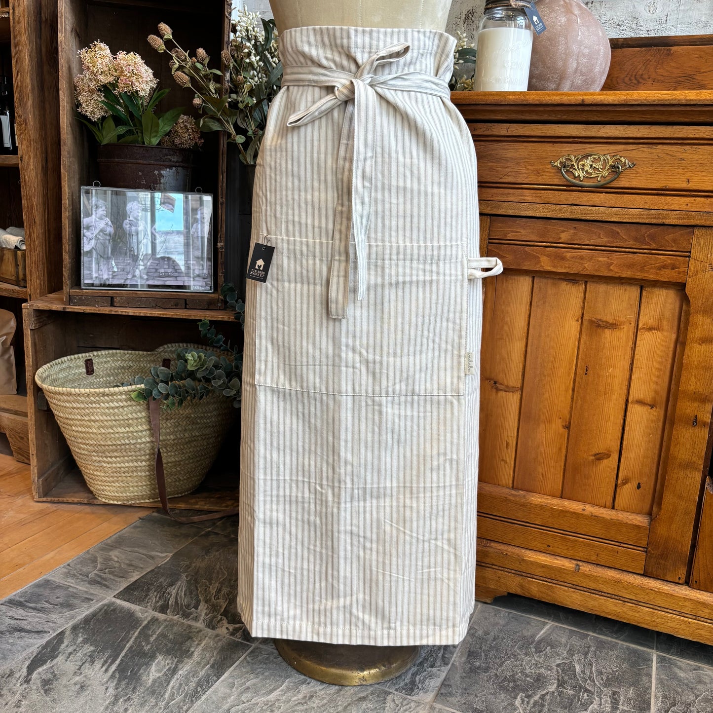 Grey Ticking Apron - Half