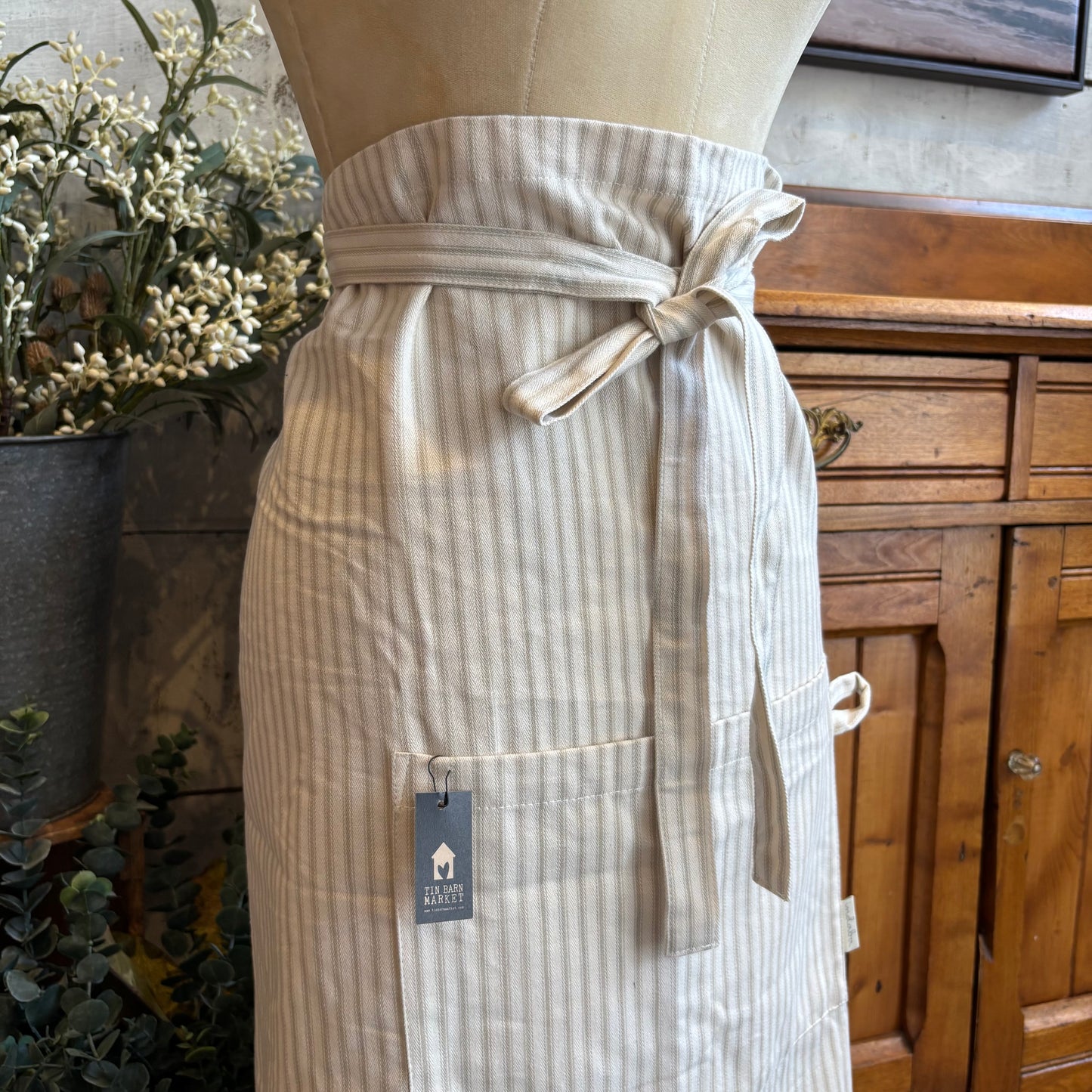 Grey Ticking Apron - Half