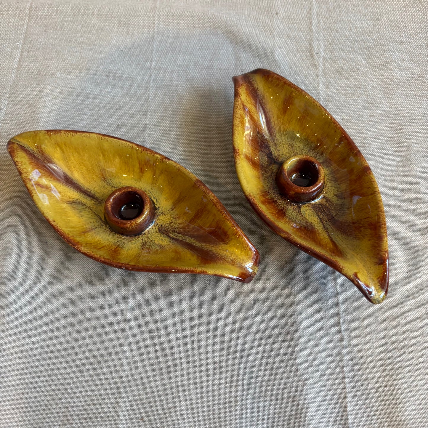 Vintage Pottery Leaf Shape Candle Holdesr - Yellow/Brown (Set of 2)