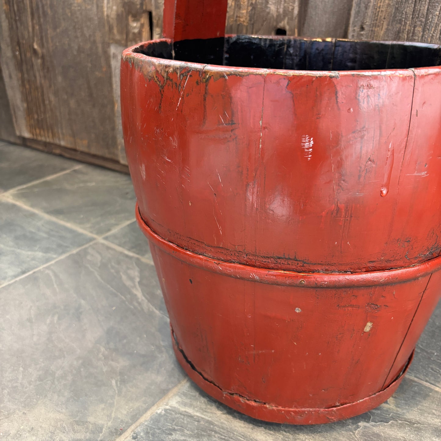 Vintage Chinese Wooden Handled Bucket - Red