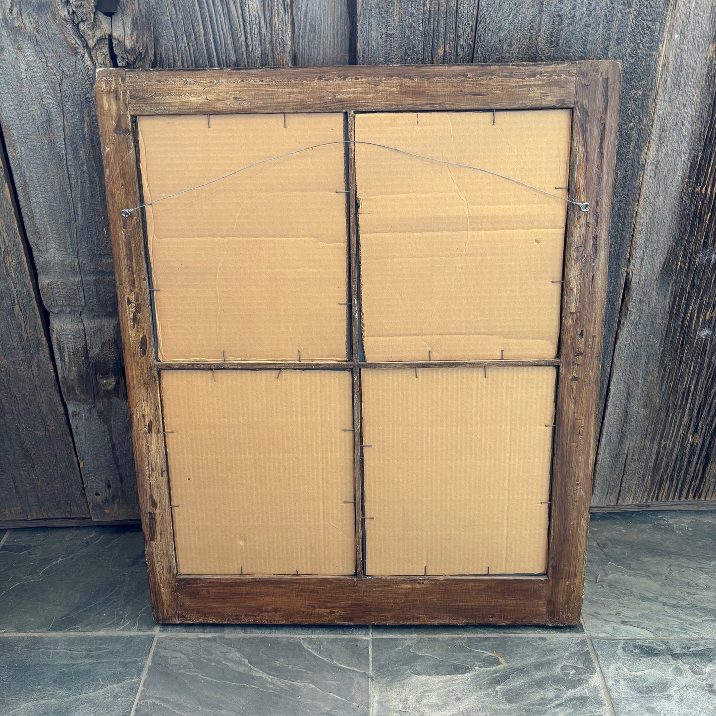 Vintage Dark Wood Window Frame Mirror - MED