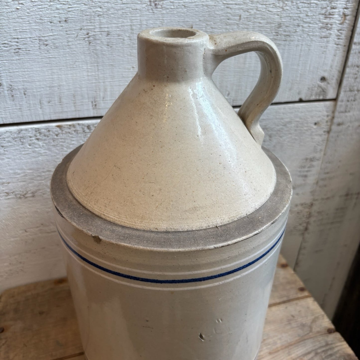 Vintage Stoneware Jug w/Finger Loop - Blue & White Stripes