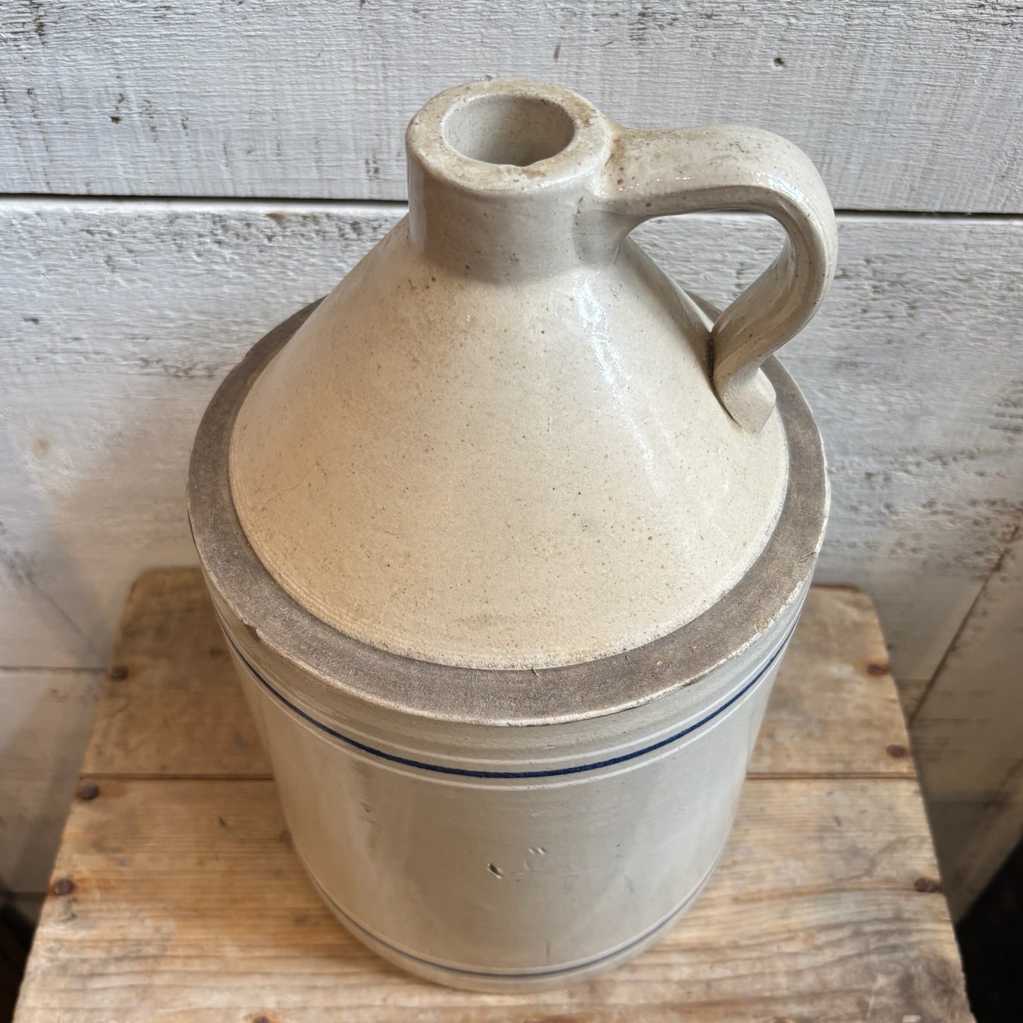 Vintage Stoneware Jug w/Finger Loop - Blue & White Stripes