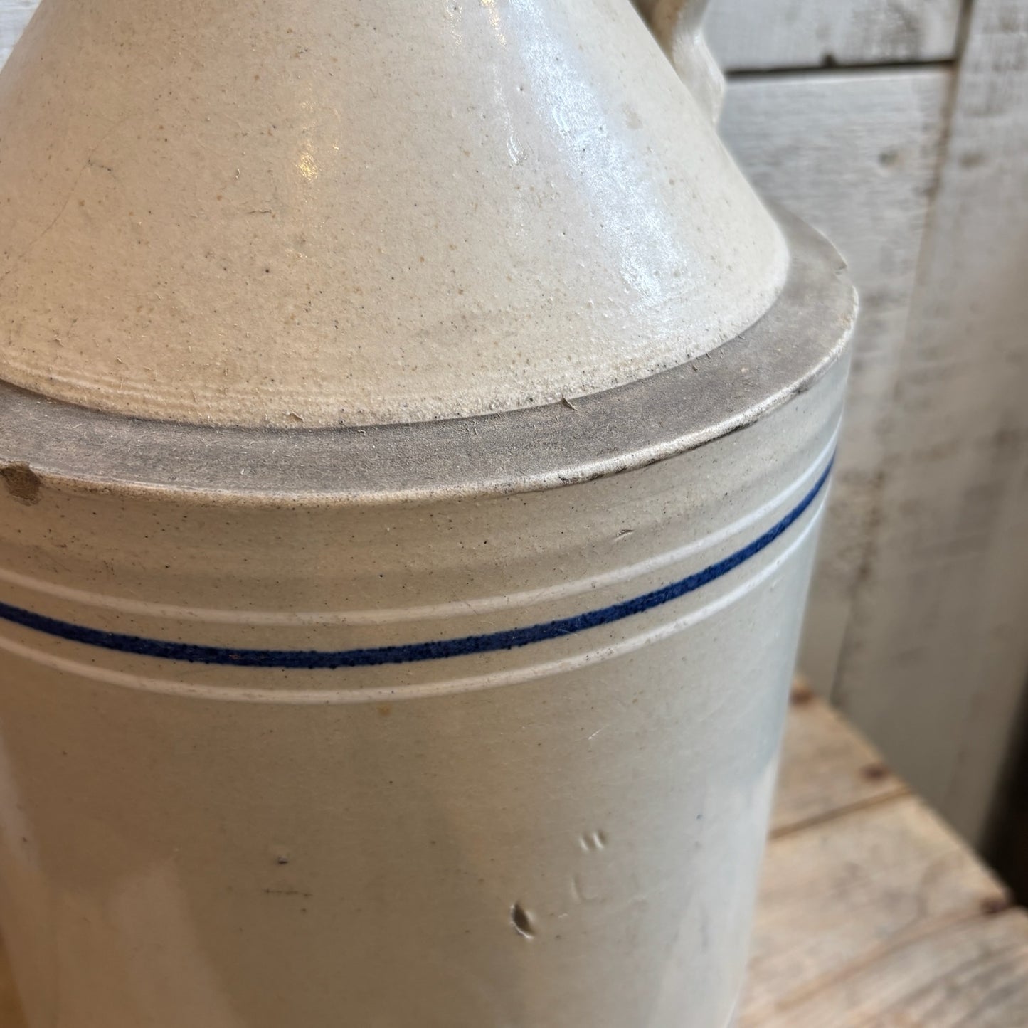 Vintage Stoneware Jug w/Finger Loop - Blue & White Stripes