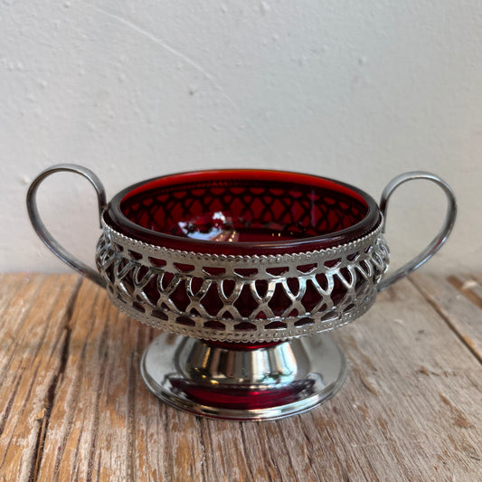 Vintage Ruby Red Dish w/ Silver Serving Base