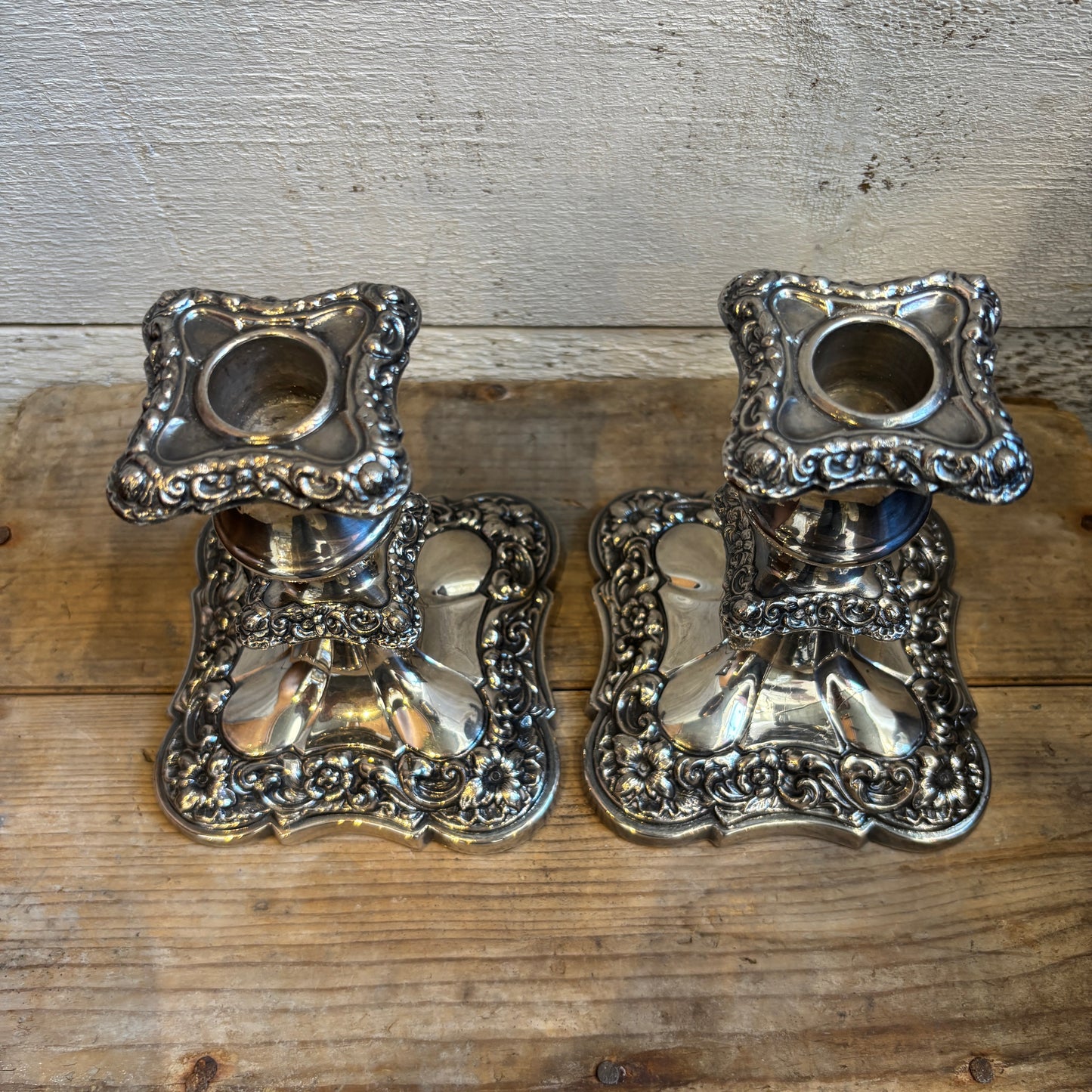 Vintage BP Ornate Lead Silver Candlesticks - Set of 2