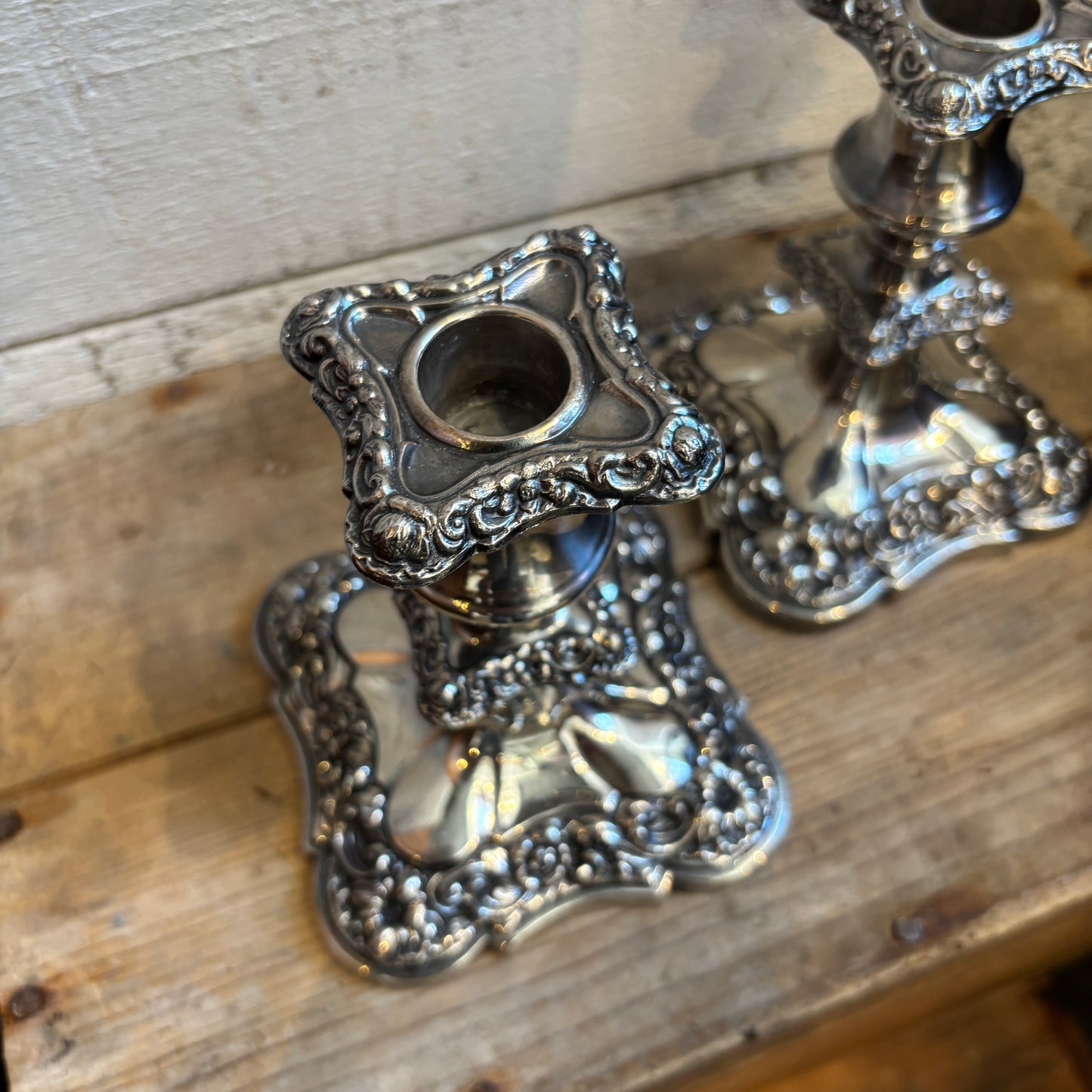 Vintage BP Ornate Lead Silver Candlesticks - Set of 2