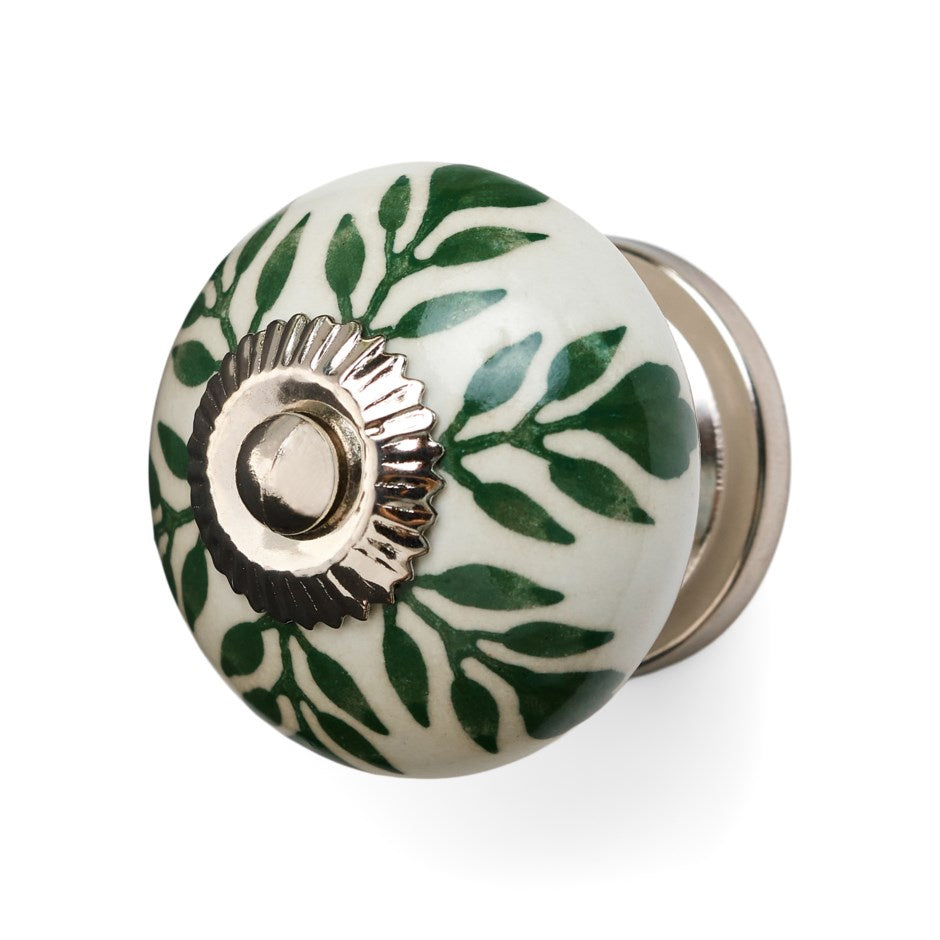 Knob: Ceramic Round Green Leaves