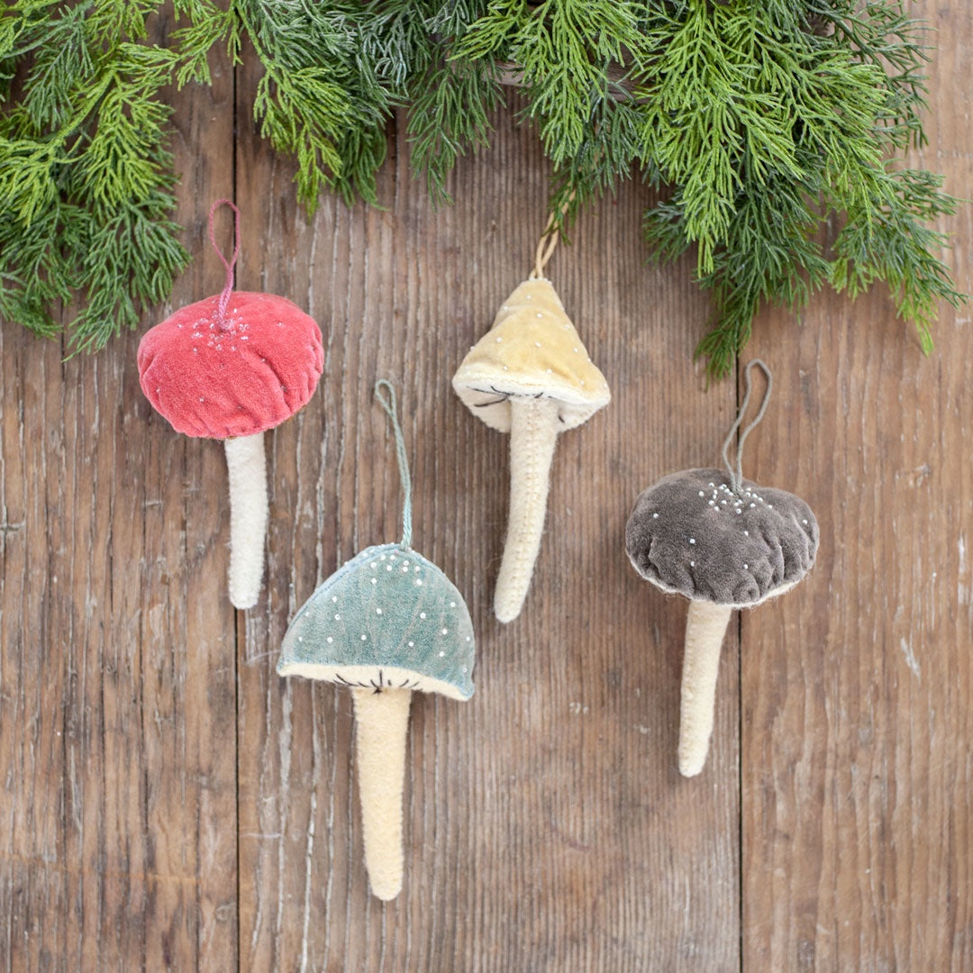 Velvet Beaded Mushroom Ornament - 5.5h