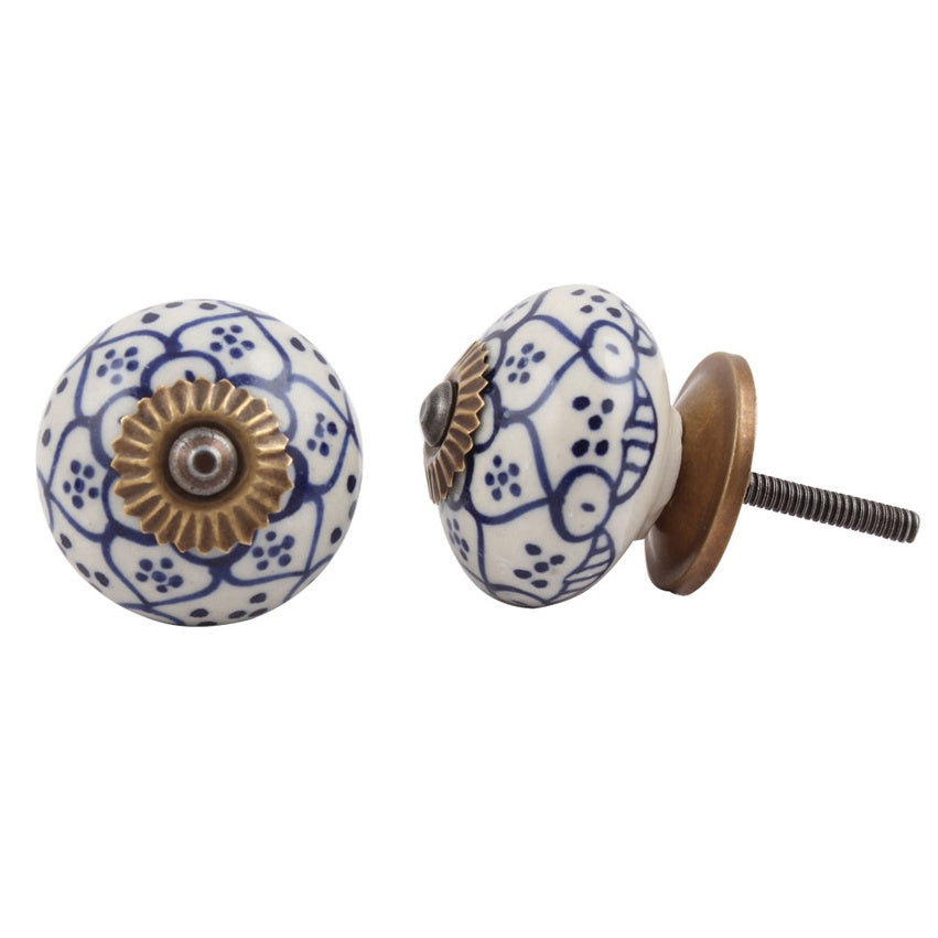 Knob: Round, Ceramic, Handpainted blue, Dutch Blue Pointsetta