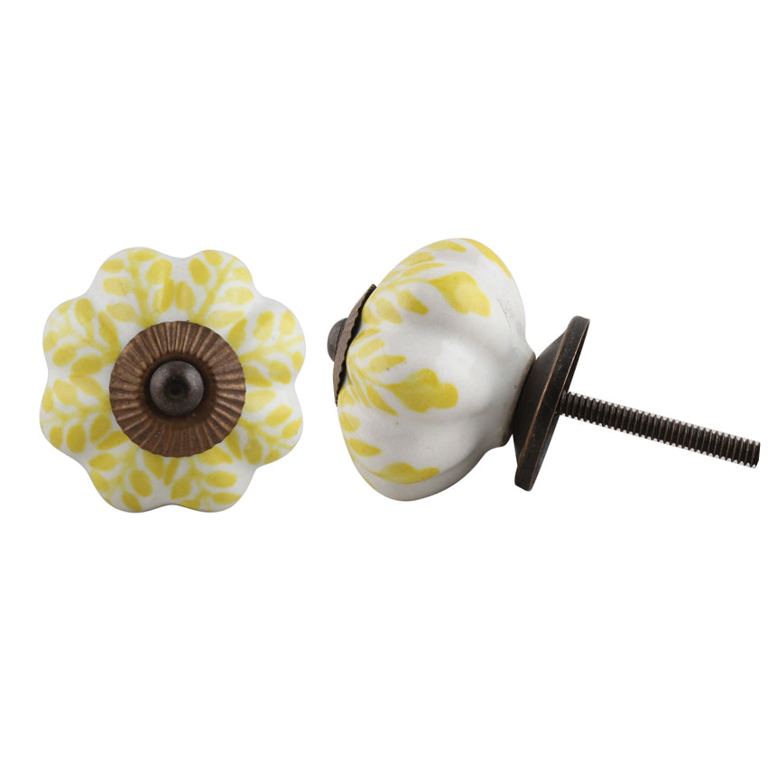 Knob: Melon, Yellow Leaf, Handpainted, Antique Finish