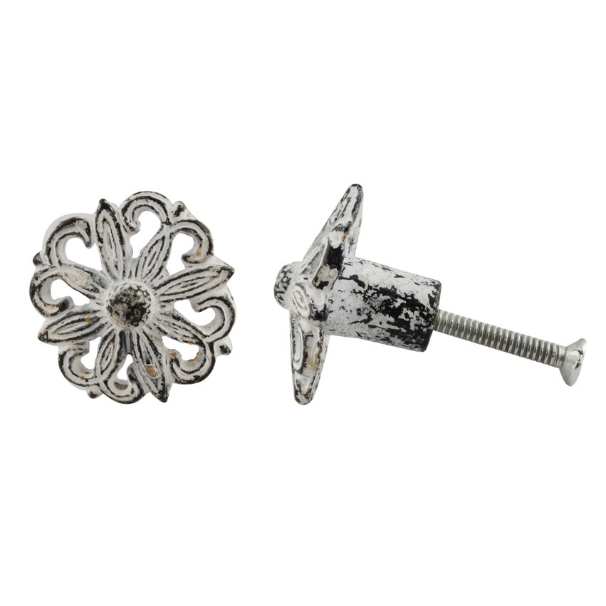 Knob: Cast Iron, Floral, Antique White