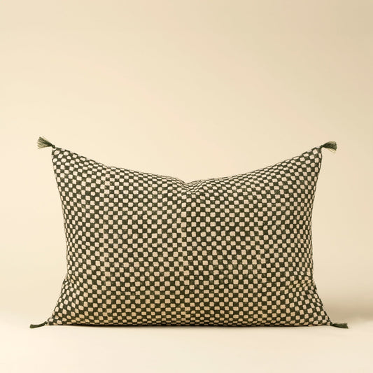 16x24 Block Print Check Linen Pillow, Green