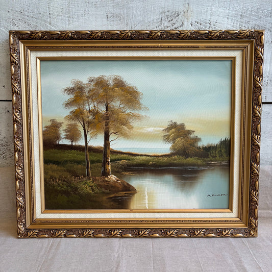 Vintage Oil Painting of Landscape w/ Ornate Gold Frame