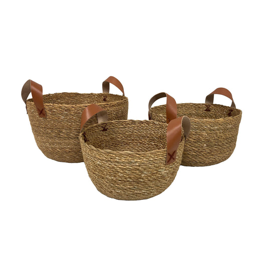 Round Seagrass Baskets w/ Leather Handles