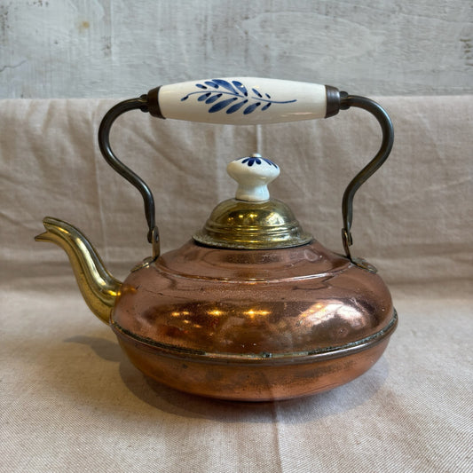 Vintage Copper Tea Pot w/ Blue Leaf Ceramic Handle