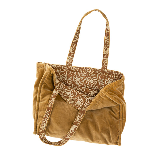 Block Print Velvet Reversible Tote, Camel