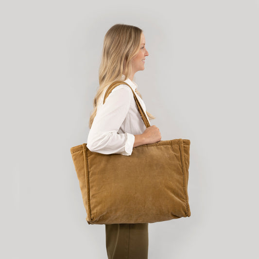 Block Print Velvet Reversible Tote, Camel