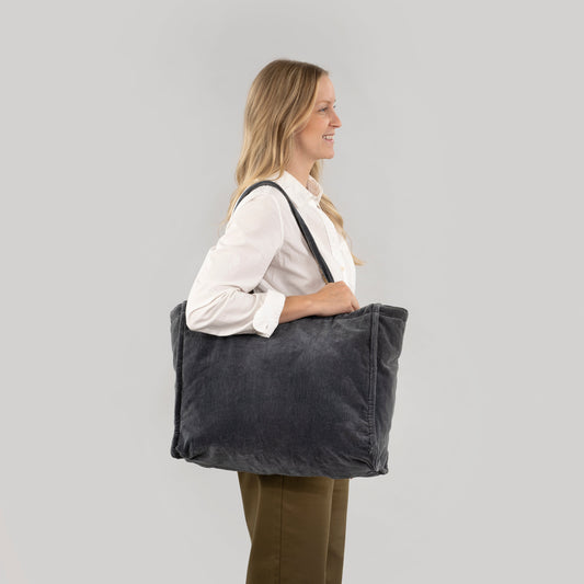 Block Print Velvet Reversible Tote, Blue Graphite