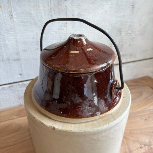 Vintage Brown Top Crock w/ Lid & Metal Handle