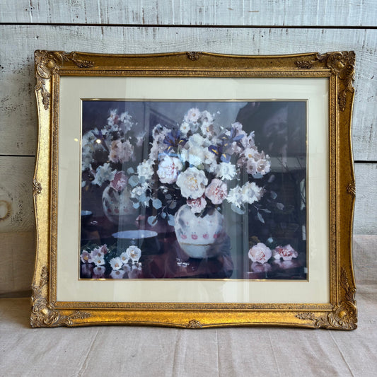 Vintage Floral Arrangement Art w/ Glass + Gold Ornate Frame