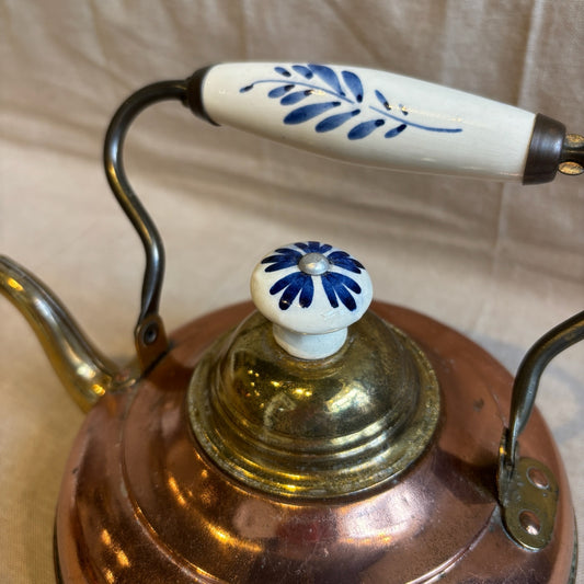 Vintage Copper Tea Pot w/ Blue Leaf Ceramic Handle