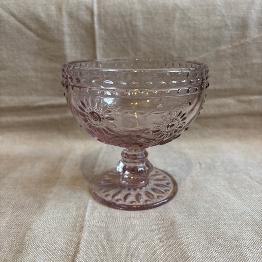 Vintage Pink Glass Footed Bowl - Flower Design