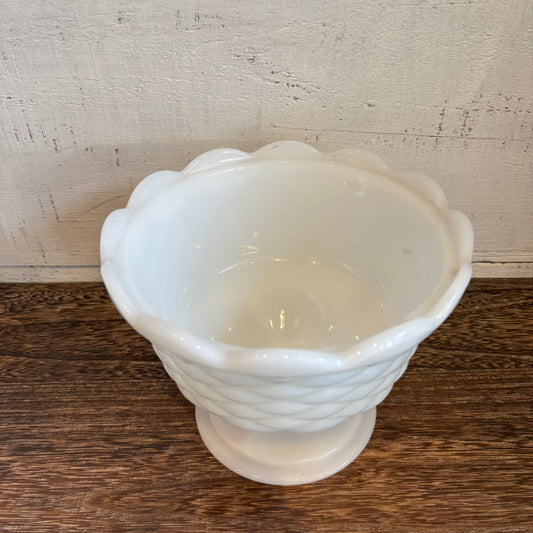 Vintage Milk Glass Footed Bowl -Scalloped/Diamond