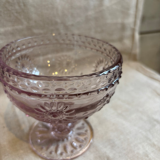 Vintage Pink Glass Footed Bowl - Flower Design