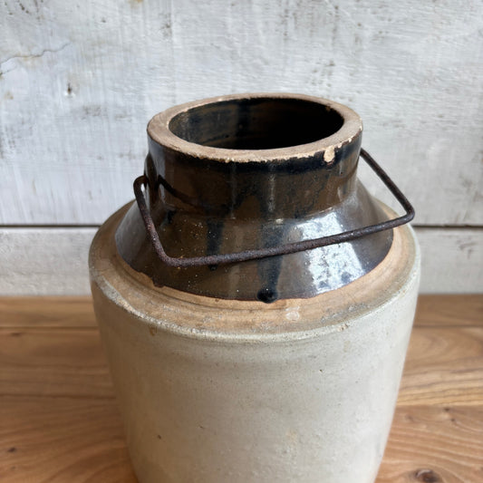 Vintage Open Crock w/ Metal Handle - Brown Top
