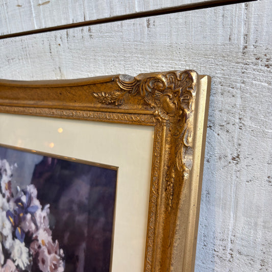 Vintage Floral Arrangement Art w/ Glass + Gold Ornate Frame