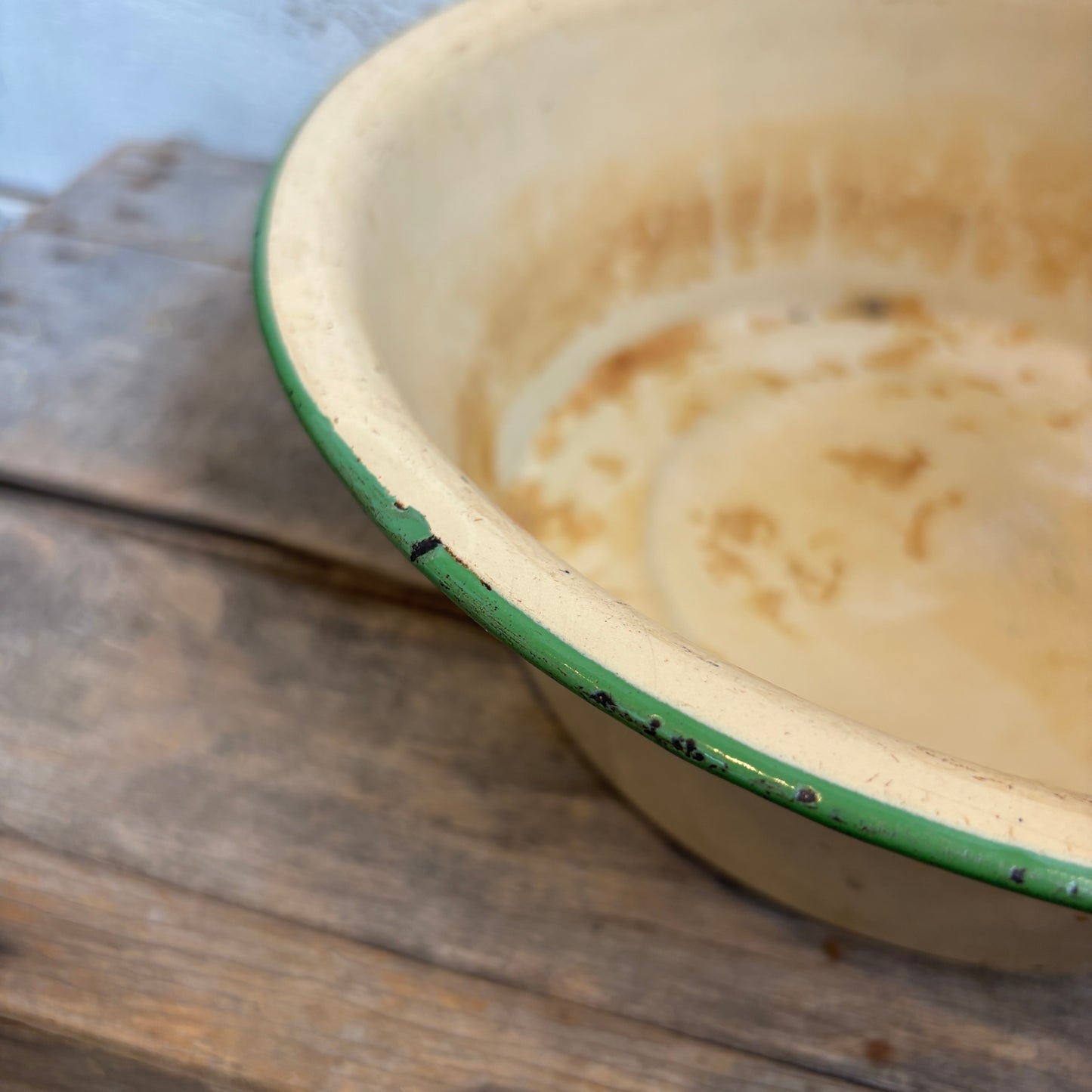 Vintage Enamel Bowl - Green Rim