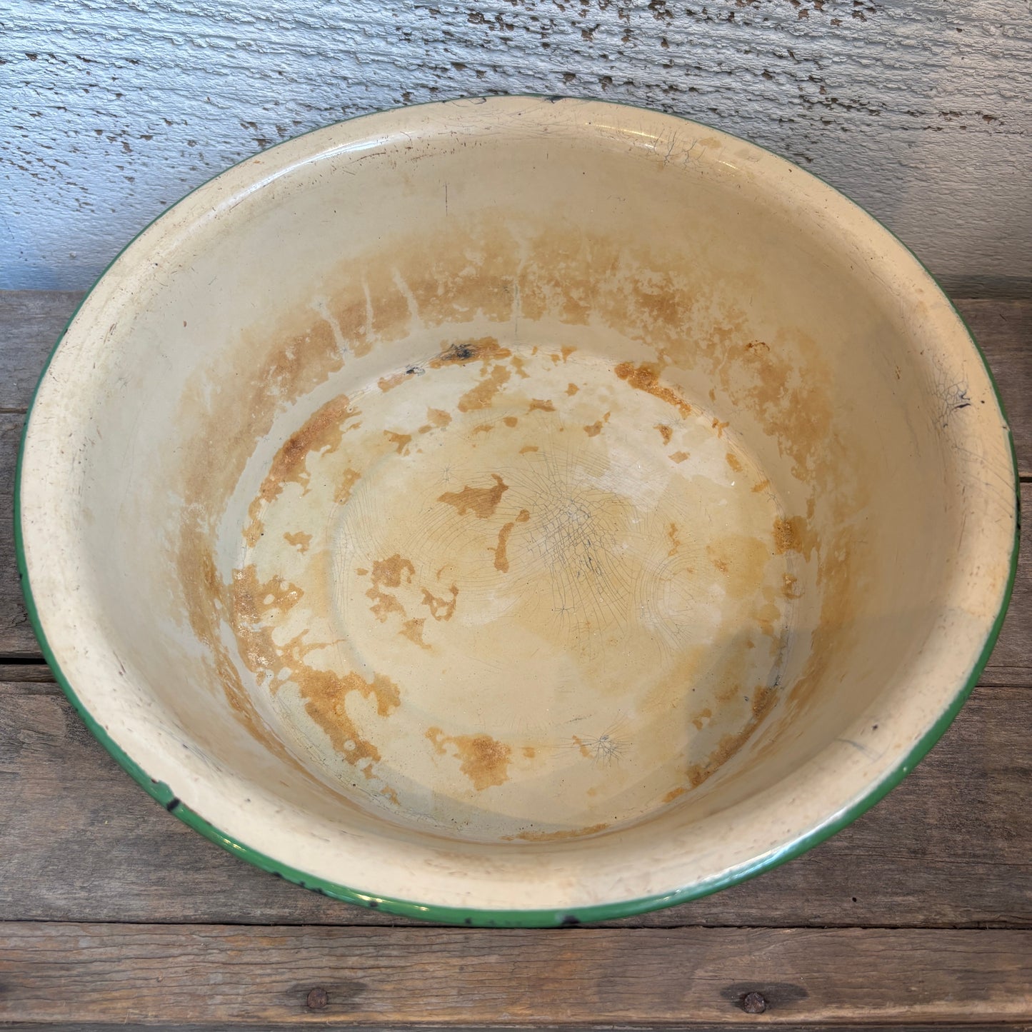 Vintage Enamel Bowl - Green Rim