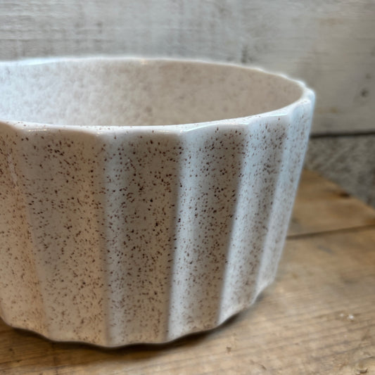 Vintage White Speckled Pottery Bowl - Fluted
