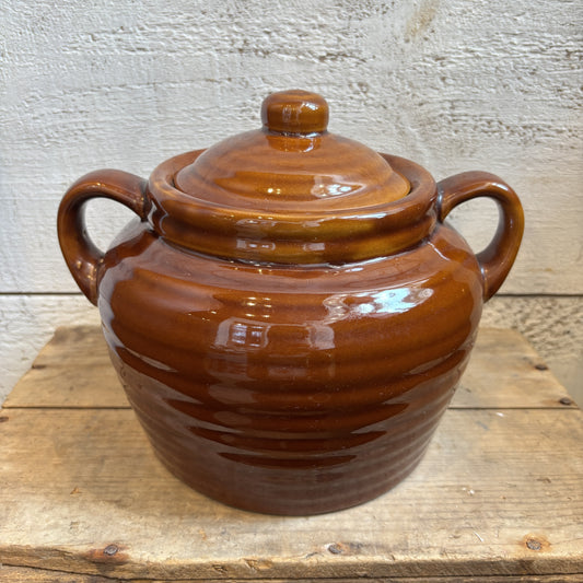 Vintage Bean Pot w/ Ribbed Design - Brown
