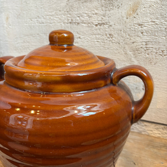 Vintage Bean Pot w/ Ribbed Design - Brown
