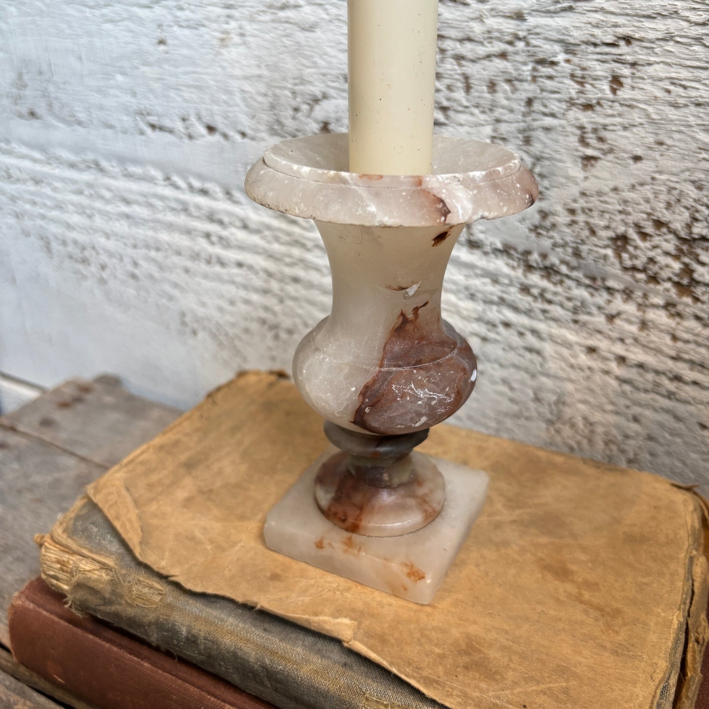 Vintage Stone Candle Holder - Pink Veining