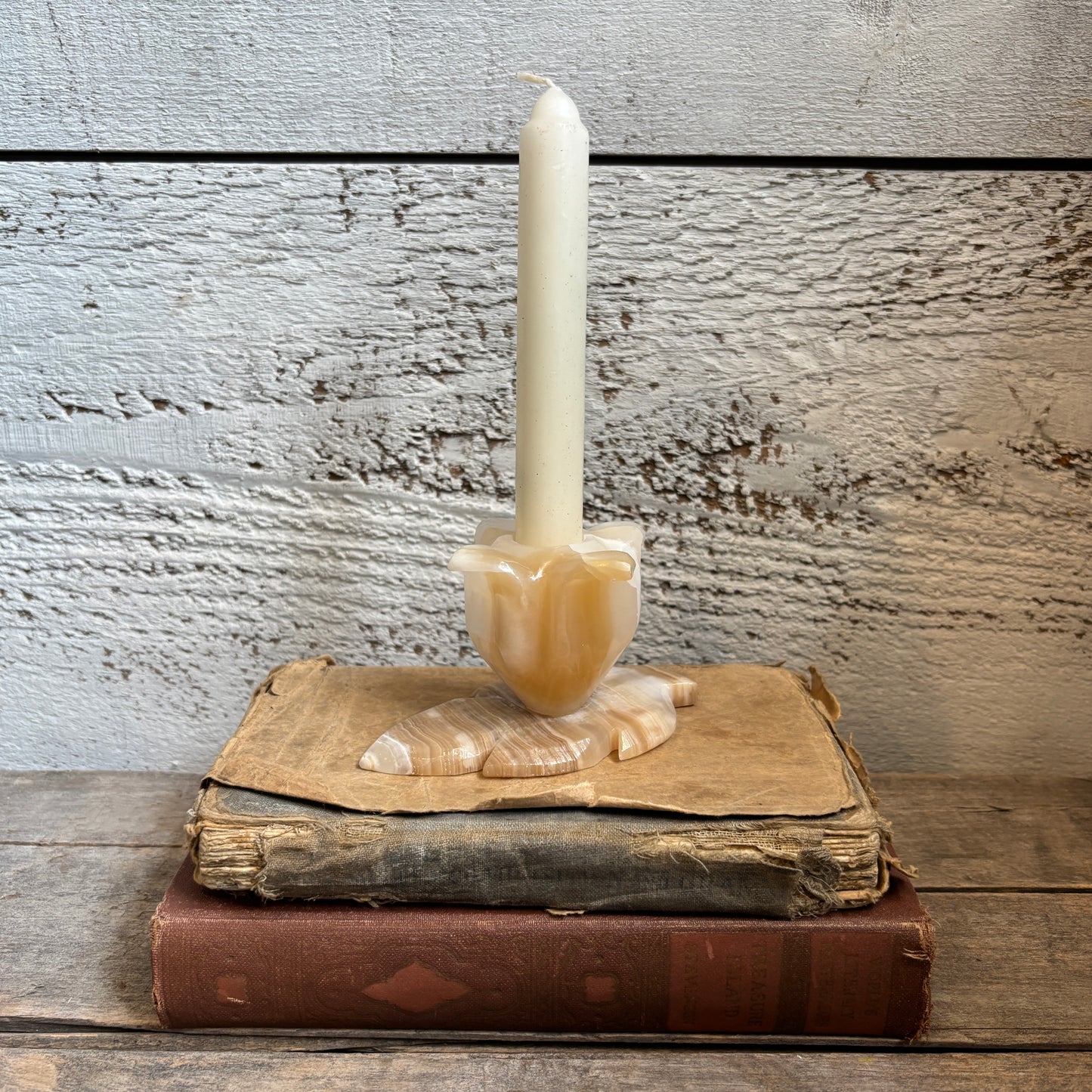 Vintage Alabaster Candle Holder - Flower on Leaf