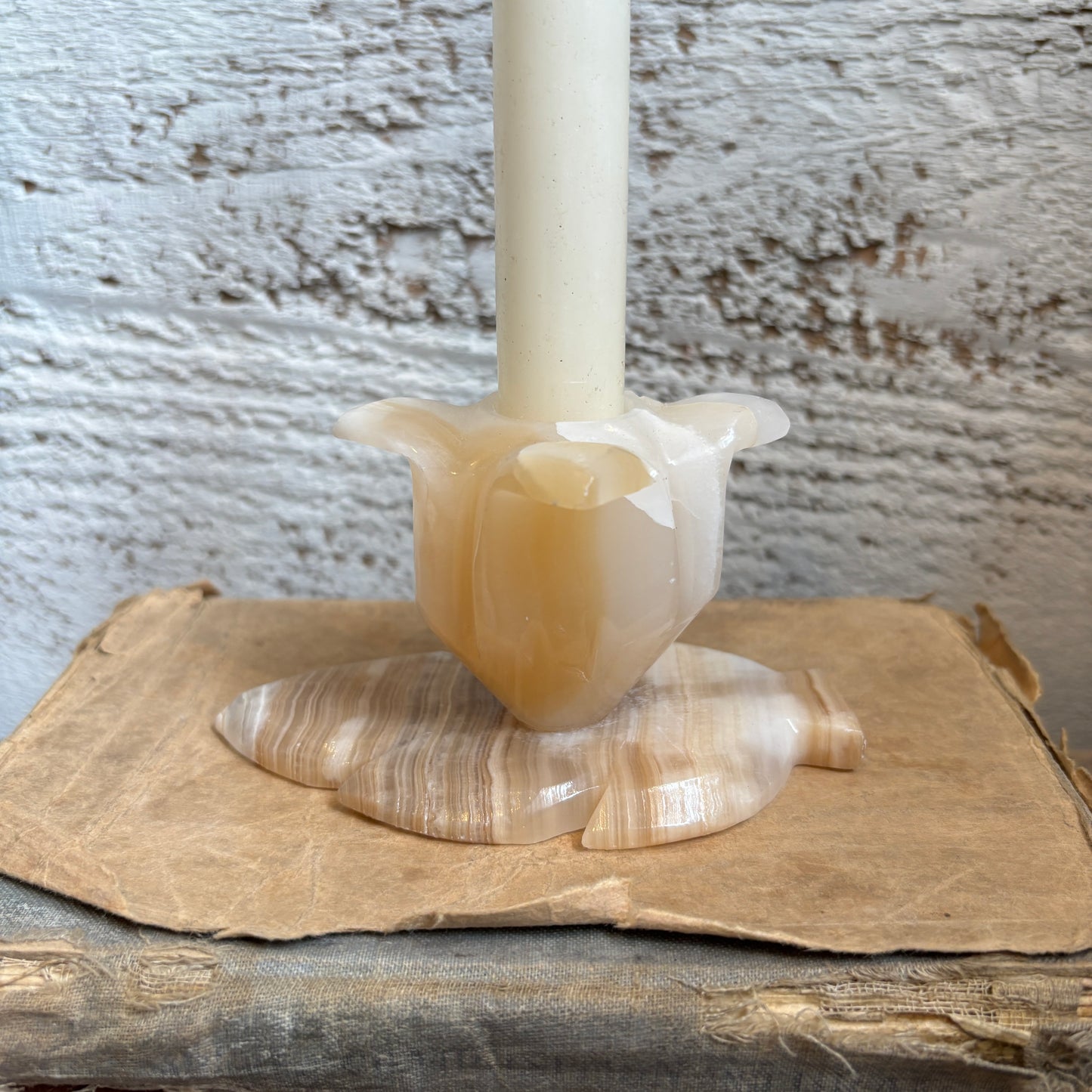 Vintage Alabaster Candle Holder - Flower on Leaf
