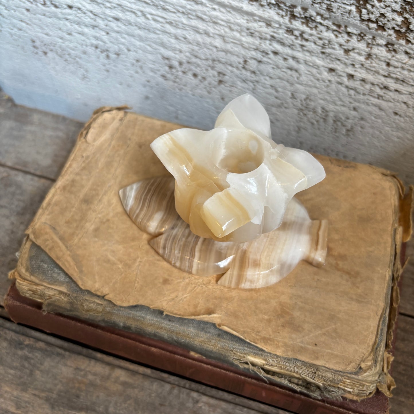 Vintage Alabaster Candle Holder - Flower on Leaf