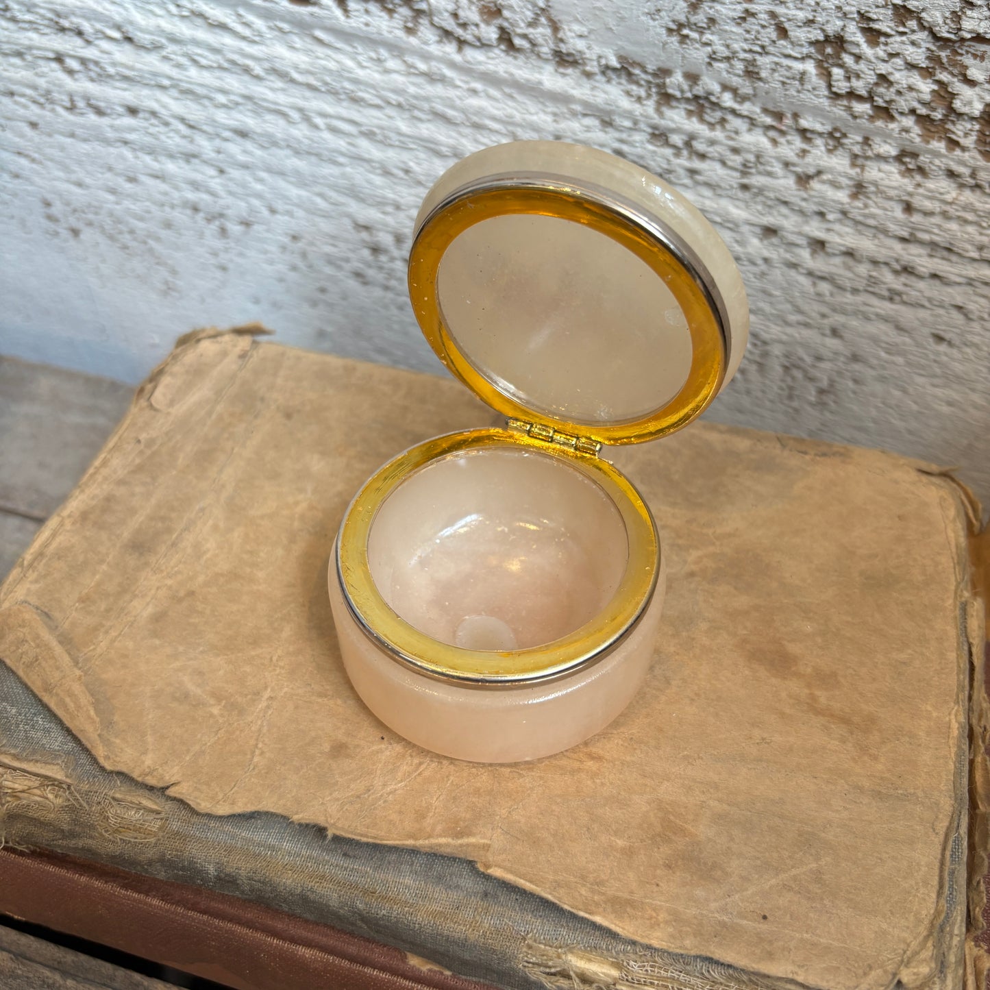 Vintage Italian Alabaster Round Trinket Box - Blush