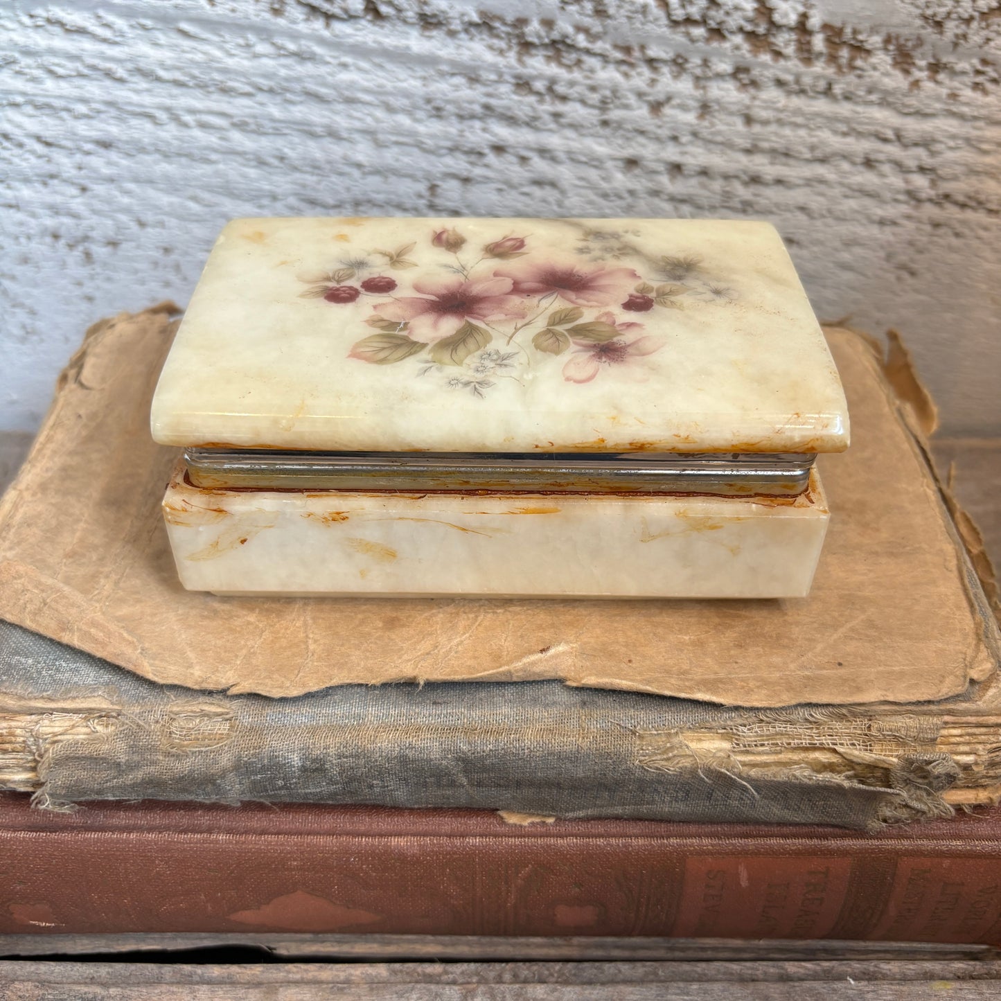 Vintage Italian Alabaster Trinket Box - Pink Florals