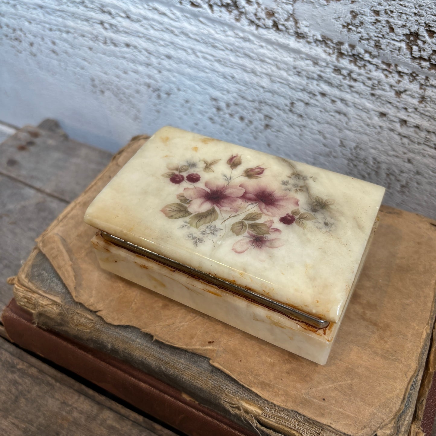 Vintage Italian Alabaster Trinket Box - Pink Florals