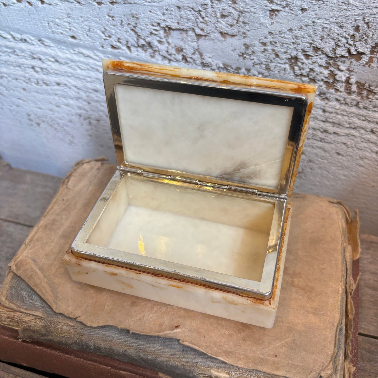 Vintage Italian Alabaster Trinket Box - Pink Florals